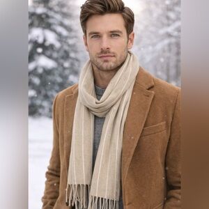 Men’s Wool/Cashmere Blend Tan and White Pin Strip Scarf With Fringe Unisex